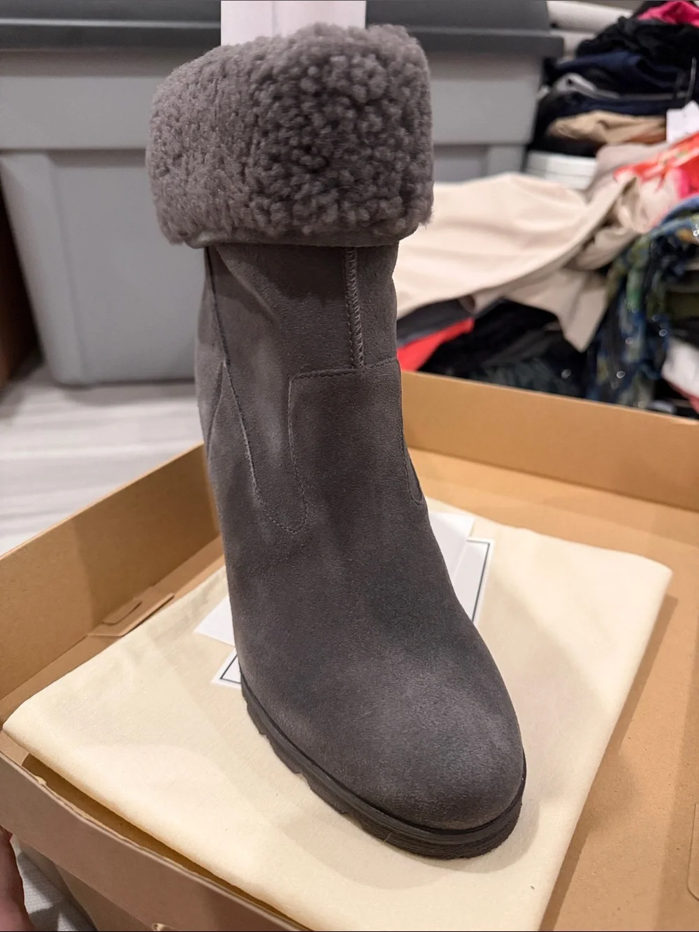 Ugg Women’s Gray Suede Wedge Boot with Shearling Cuff